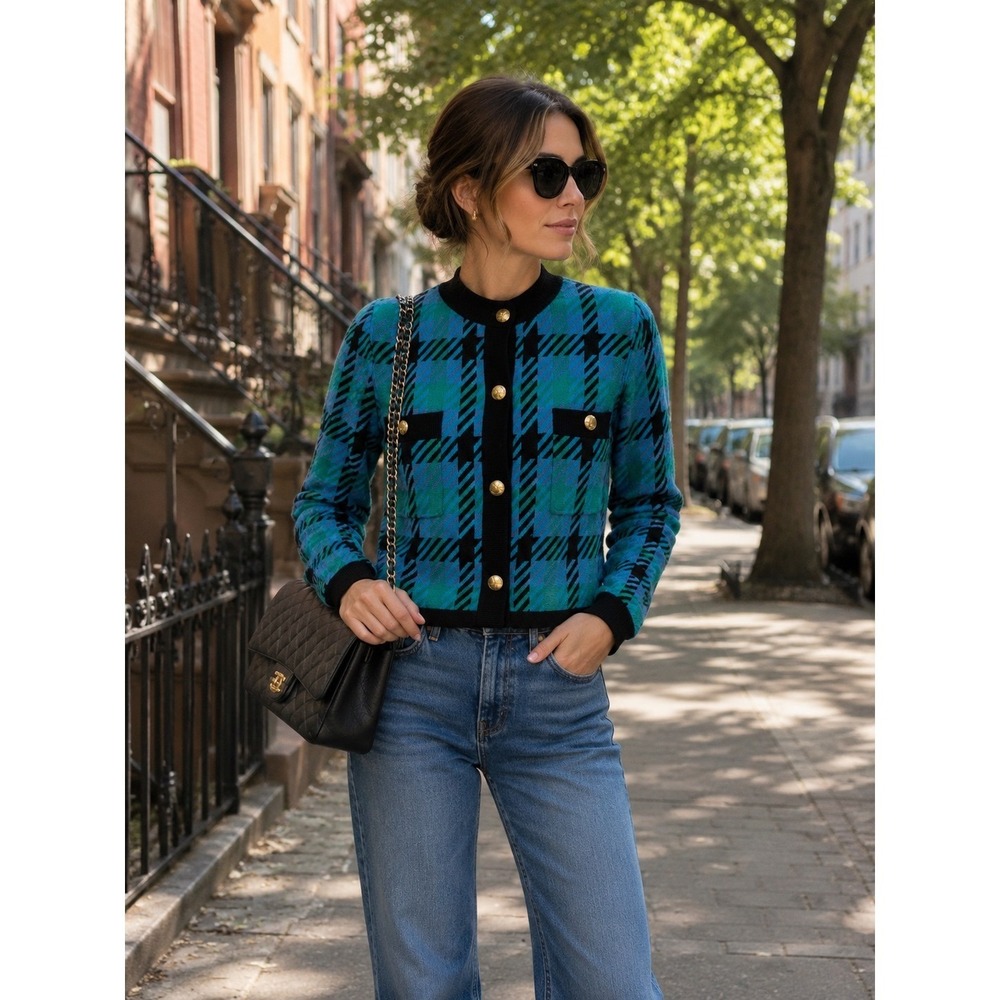Suncoo Paris Cropped Cardigan XS Blue Plaid Button Front Sweater Parisian Luxury